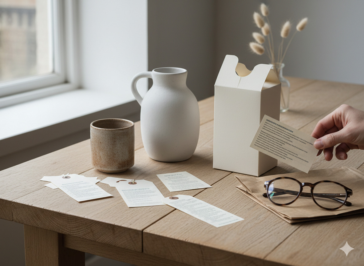 Neutral still-life of ceramic and paper packaging suggesting careful label reading